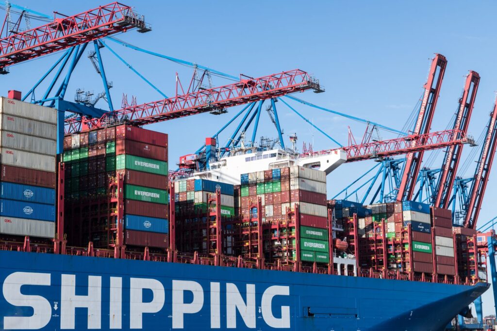 Container ship loaded at Hamburg port, one leg in a multimodal freight emissions calculation