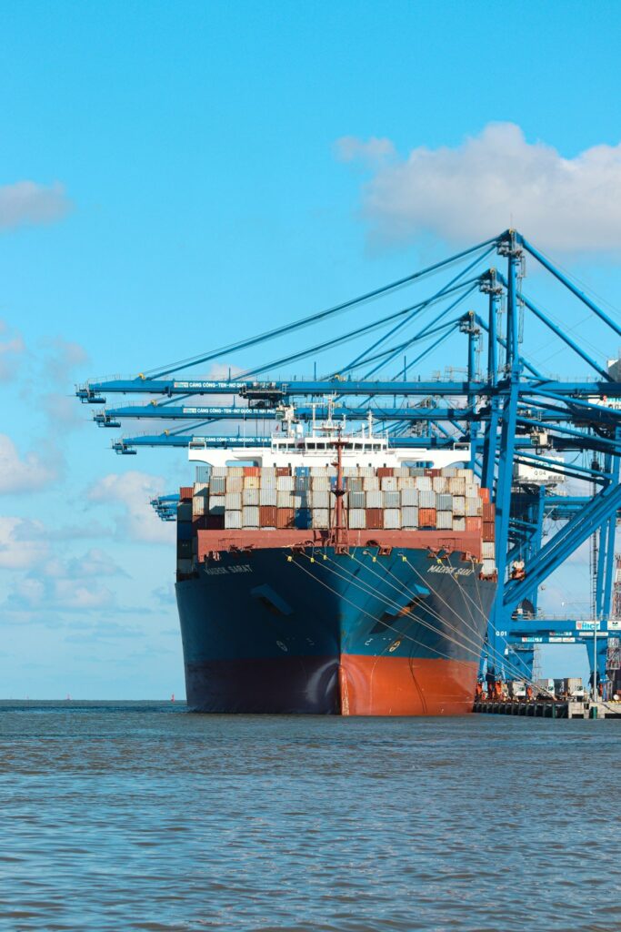 Container ship under ship-to-shore cranes
